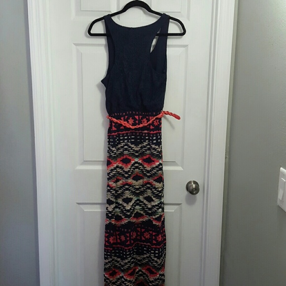 Navy and coral Aztec printed dress - Picture 2 of 2